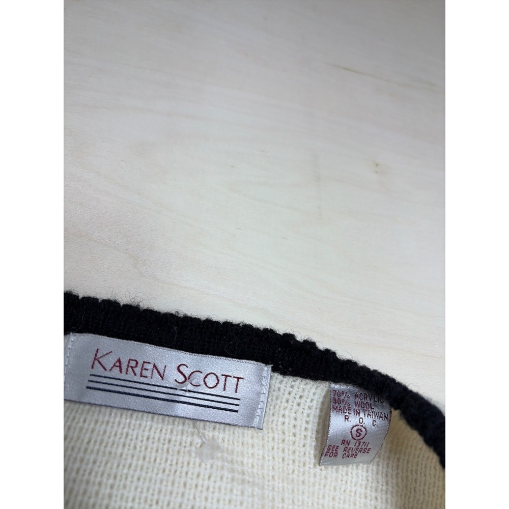 Karen Scott Vintage Cream Black Contrast Trim Wool Blend Knit Cardigan Small - Picture 3 of 9